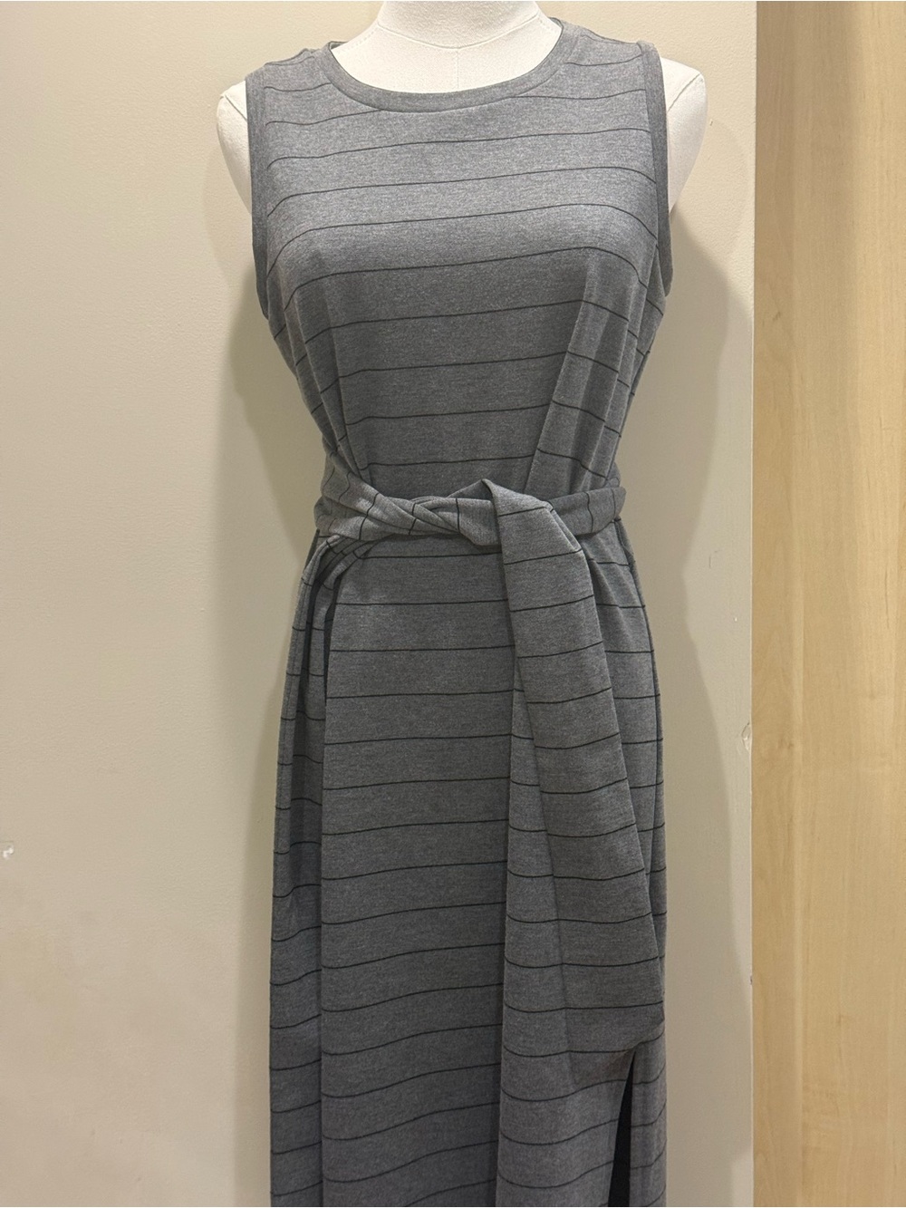 Banana Republic Gray Striped Sleeveless Maxi Dress with Waist Tie